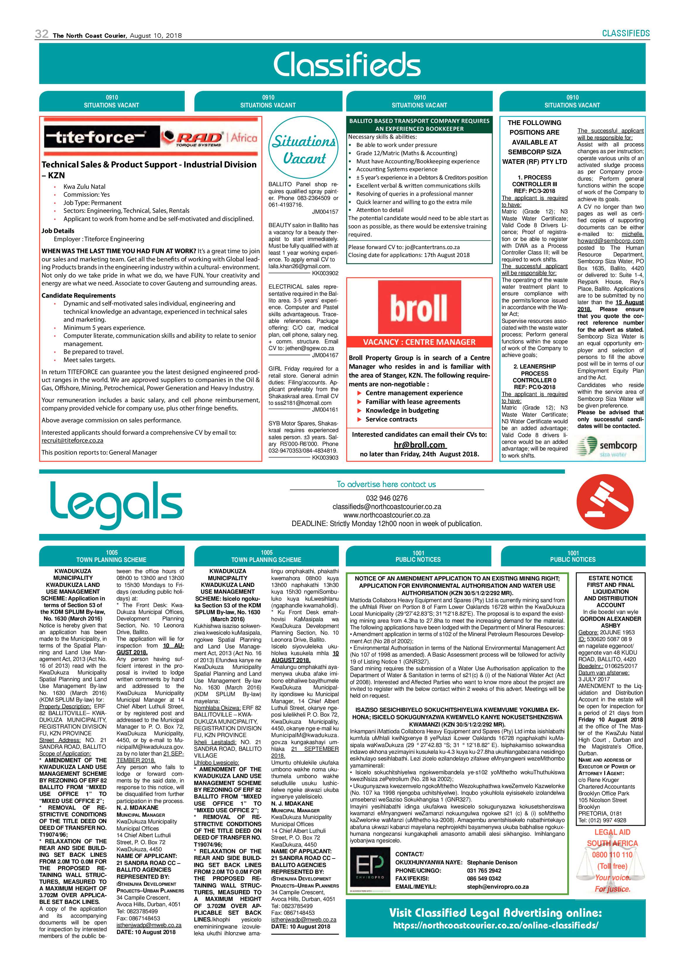 The North Coast Courier – 10 August 2018 page 32