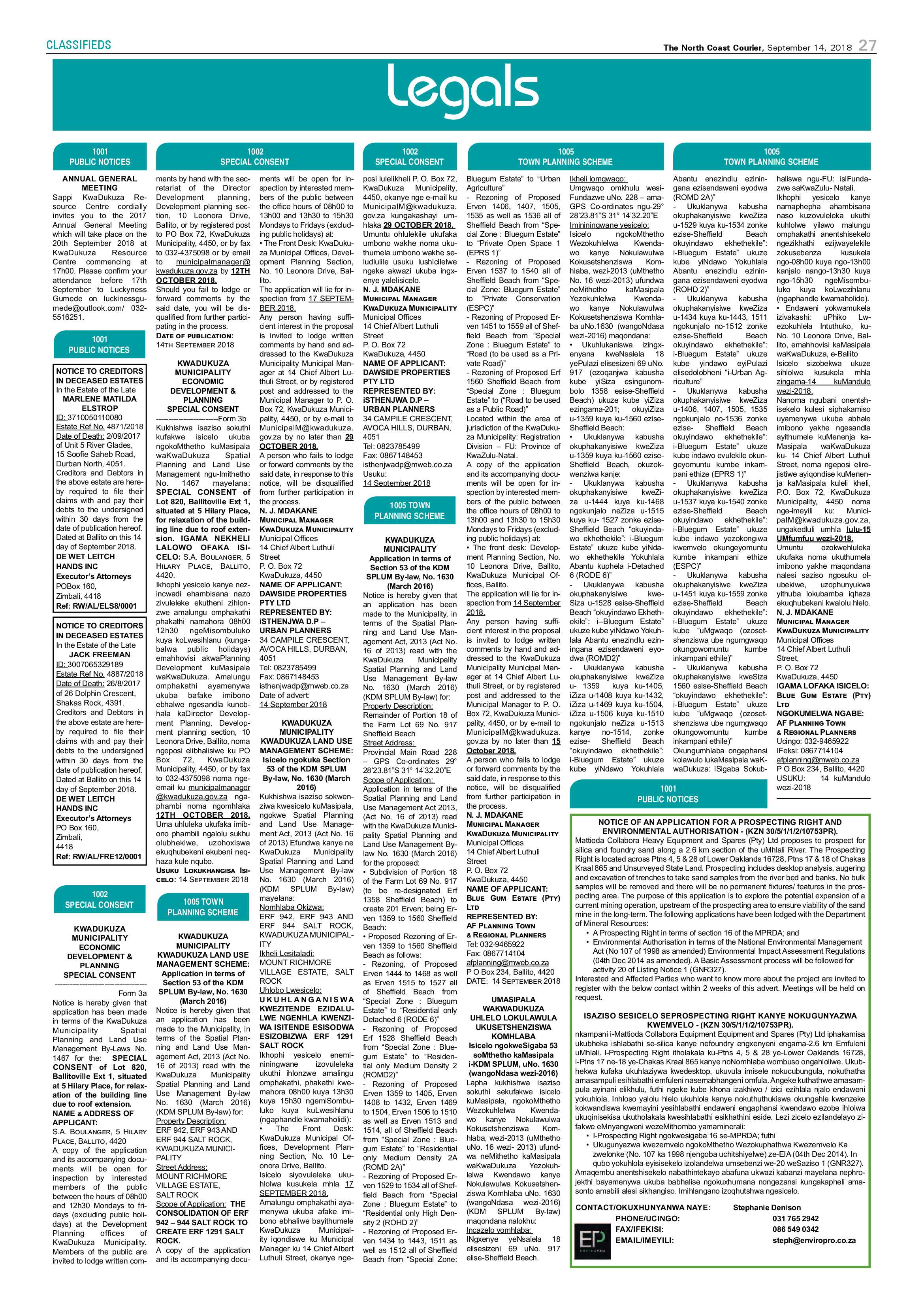 The North Coast Courier – 14 September 2018 page 27