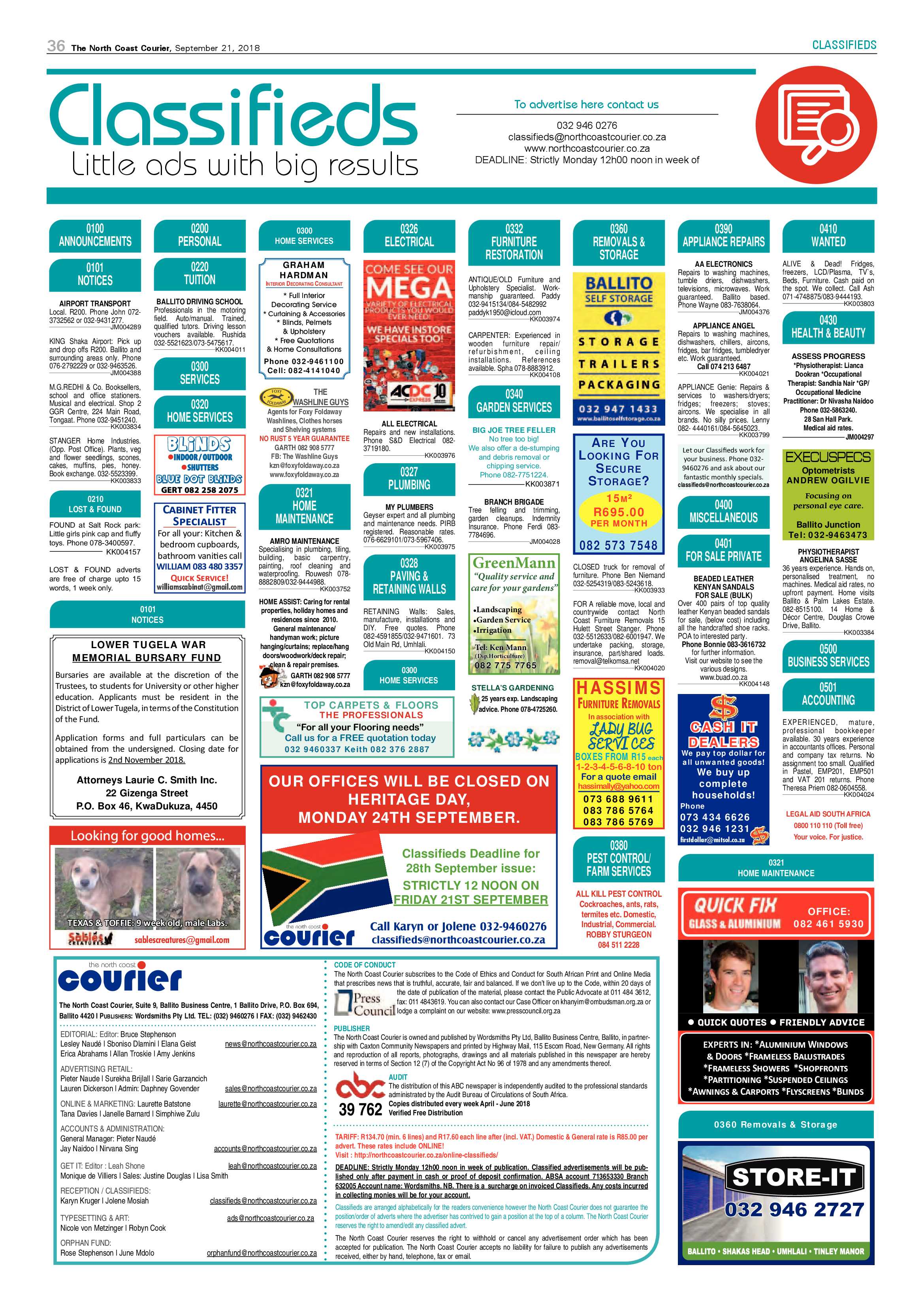The North Coast Courier – 21 September 2018 page 36