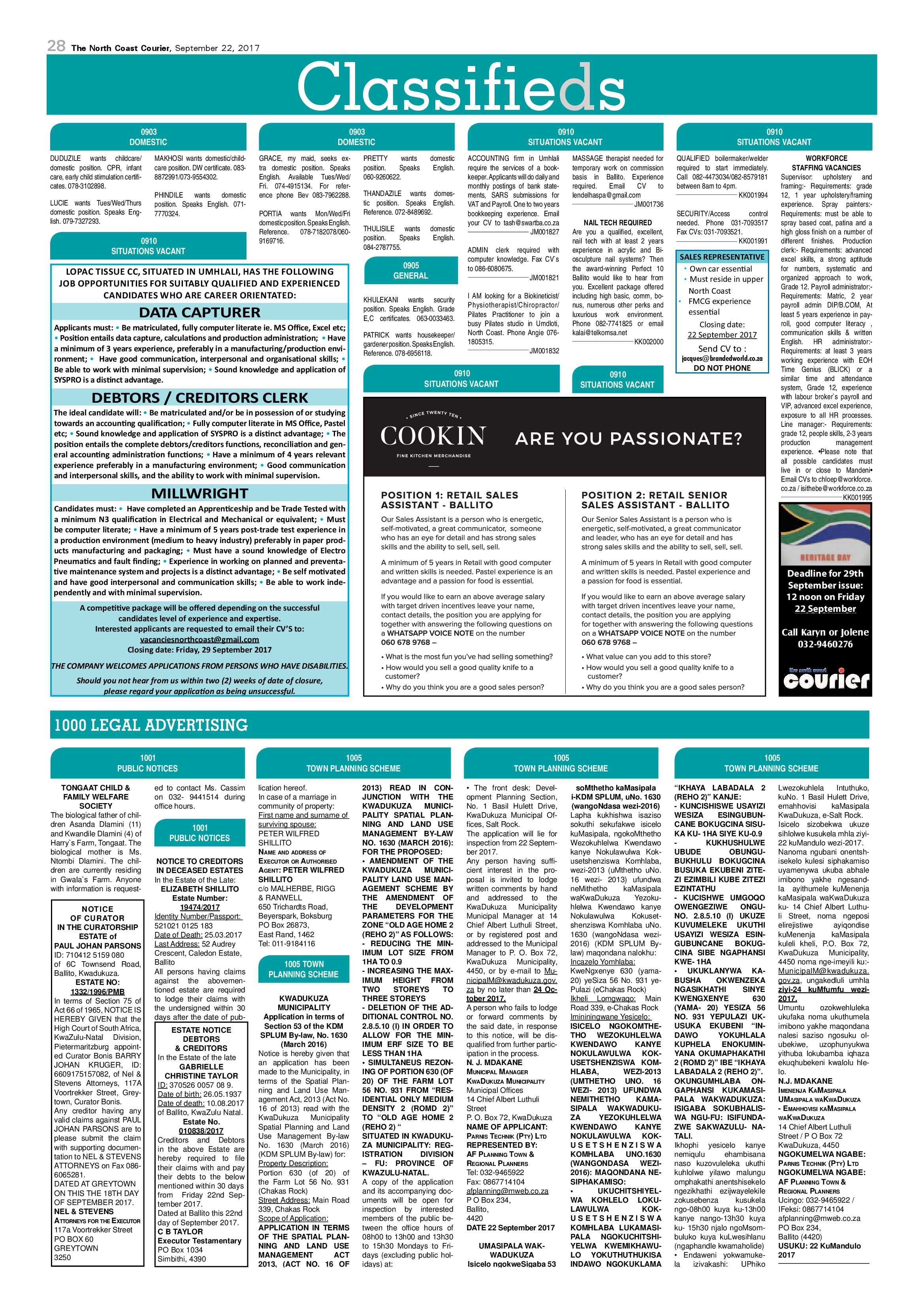 The North Coast Courier – 22 September 2017 page 28